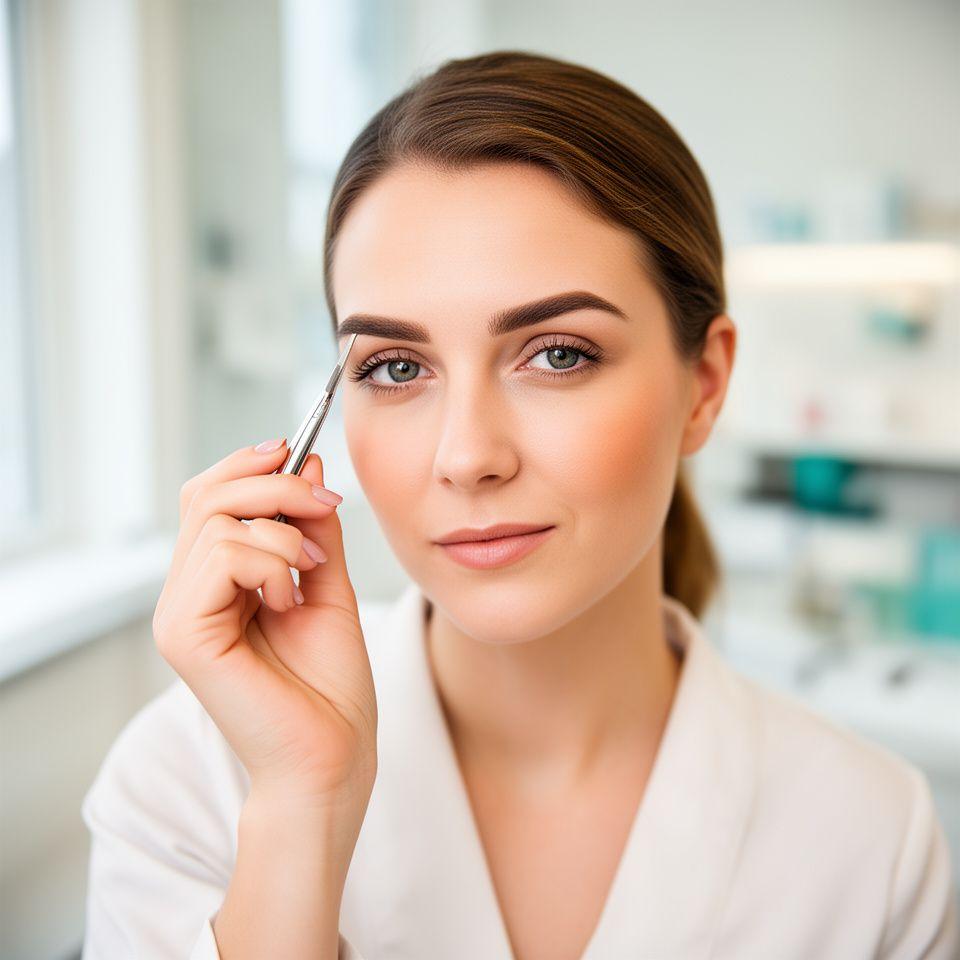 Stylistin im hellen Zürcher Salon mit ruhigem Blick und präzisem Brow-Tool in der Hand